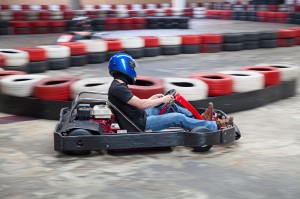 Indoor go kart racing close-up